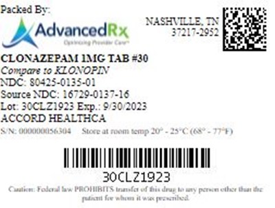Clonazepam 1mg Tab Qty 30 NDC 80425-0135.jpg Clonazepam 1mg Tab Qty 30 NDC 80425 0135